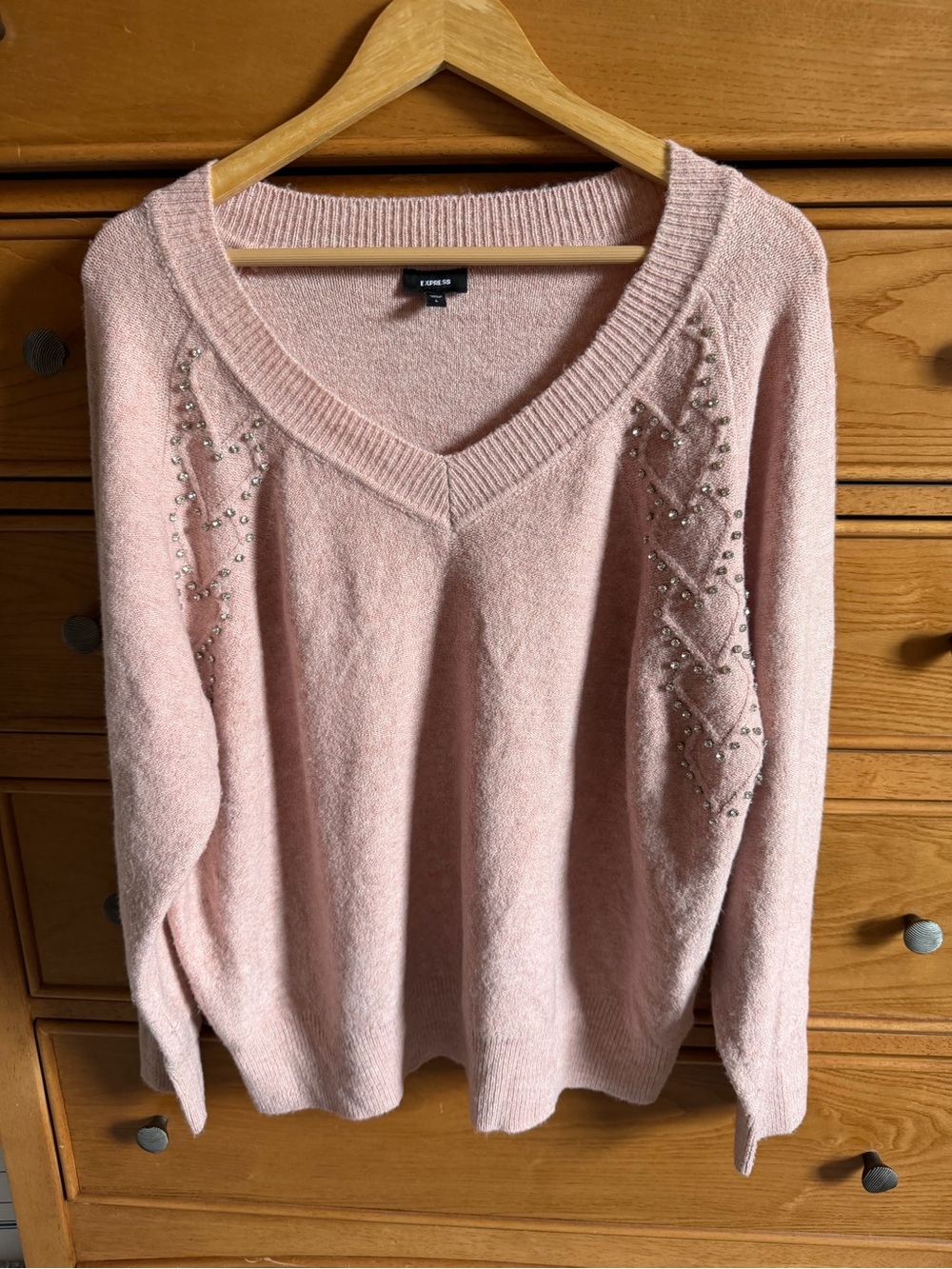 Express Womens Rhinestone Embellished Pale Pink Sweater Size Large Y2K Retro